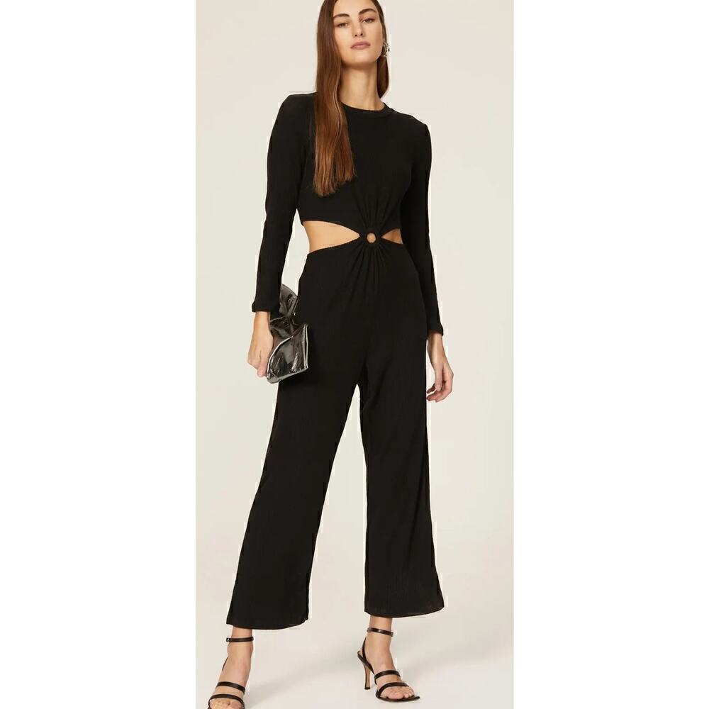LNA Banx Jumpsuit Long Sleeve Side Cutout Straight Leg Rib Knit Black Large